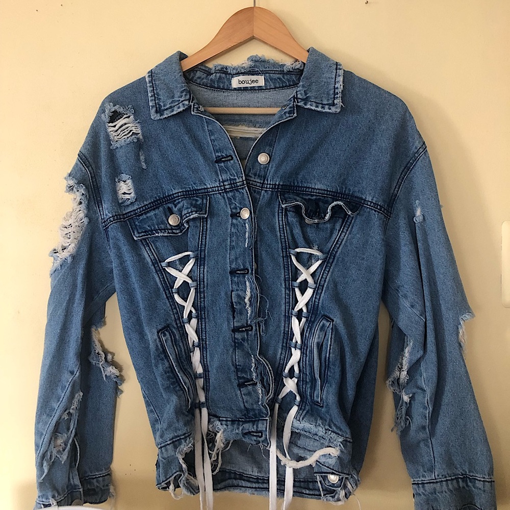 Independent label from women’s boutique, denim jacket with shoe string details